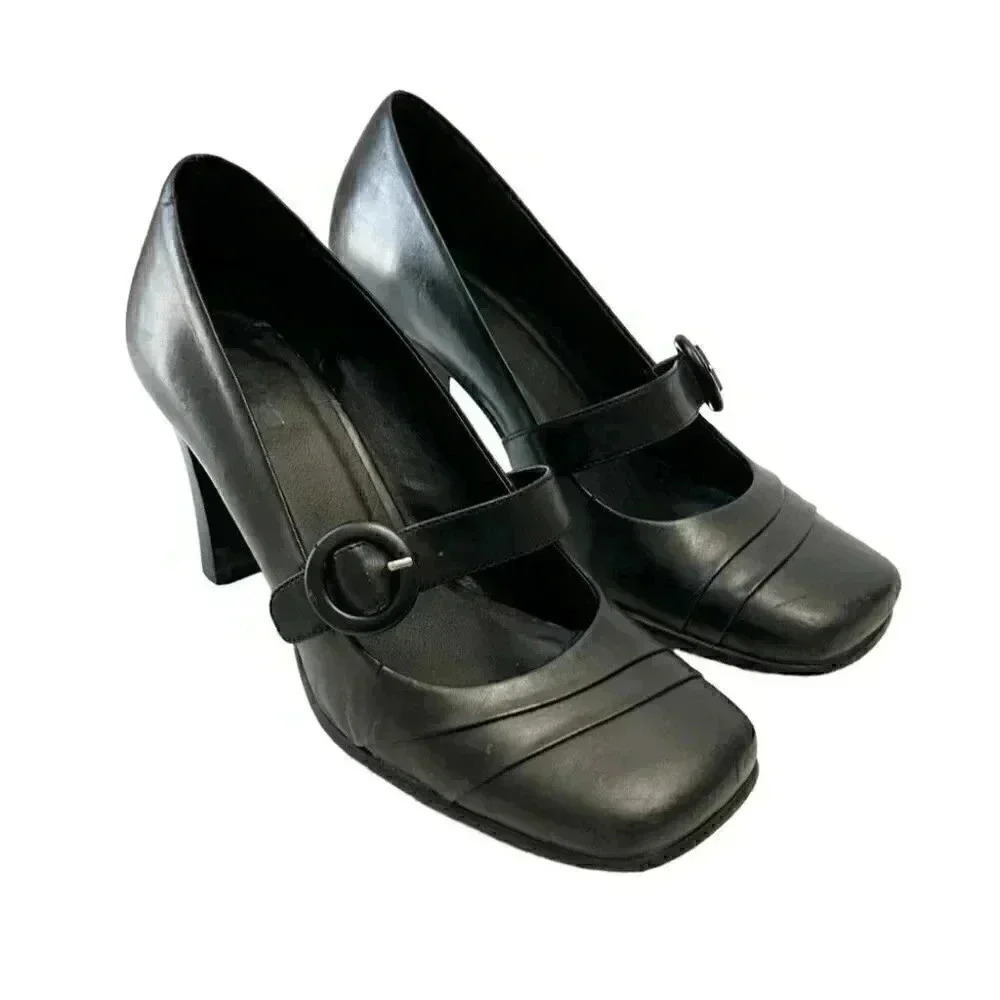 Vintage Spring High Heel Mary Jane Pumps Genuine Leather Black Size 7.5 EU 38 - Picture 2 of 15